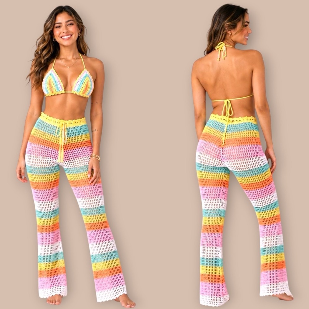 Hot & Delicious Crochet Rainbow Halter Top +‎ Flare Pants Set L Festival Y2K